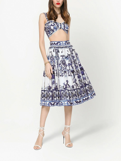 Dolce & Gabbana Tile-print Pleated Poplin Midi Skirt In Blue