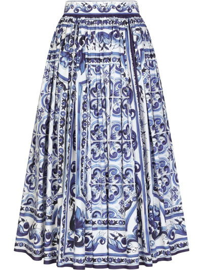 Dolce & Gabbana Majolica-print Poplin Calf-length Skirt In Blue