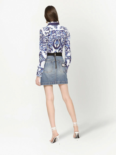 Dolce & Gabbana Short Denim Skirt With Branded Waistband In Blue