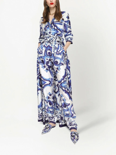 Dolce & Gabbana Foulard-print Belted Silk Twill Long Robe In Blue