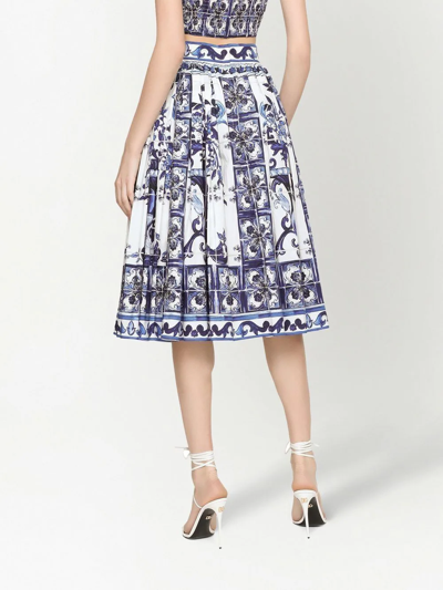 Dolce & Gabbana Tile-print Pleated Poplin Midi Skirt In Blue