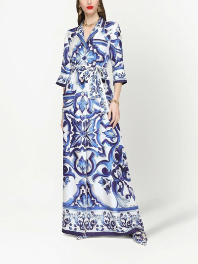 Dolce & Gabbana Foulard-print Belted Silk Twill Long Robe In Blue