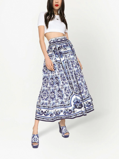 Dolce & Gabbana Majolica-print Poplin Calf-length Skirt In Blue