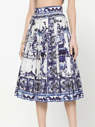 Dolce & Gabbana Tile-print Pleated Poplin Midi Skirt In Blue