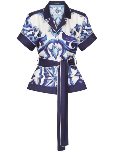 Dolce & Gabbana Majolica-print Twill Shirt With Belt In Blue