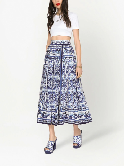 Dolce & Gabbana Majolica-print Poplin Calf-length Skirt In Blue