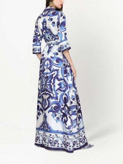 Dolce & Gabbana Foulard-print Belted Silk Twill Long Robe In Blue