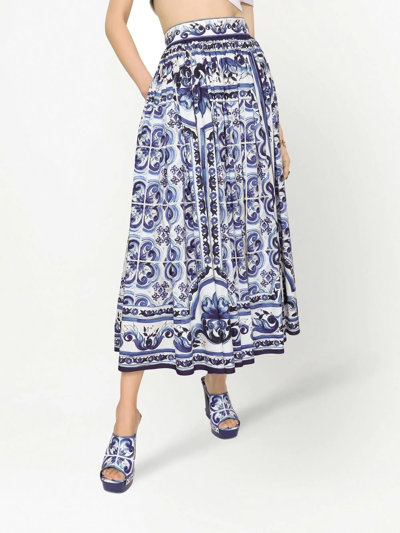 Dolce & Gabbana Majolica-print Poplin Calf-length Skirt In Blue