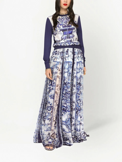 Dolce & Gabbana Majolica-print Silk Floor-length Skirt In Blue