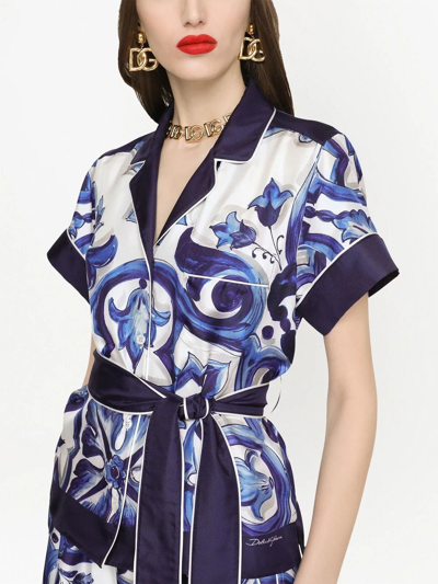 Shop Dolce & Gabbana Majolica-print Belted Silk Shirt In Blue