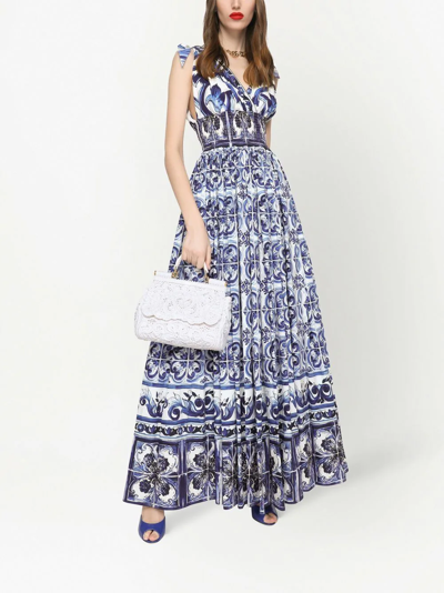 Dolce & Gabbana Open-back Shirred Printed Cotton-poplin Maxi Dress In Blue
