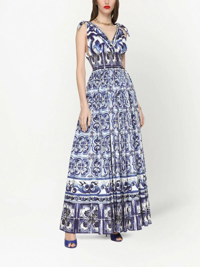 Dolce & Gabbana Open-back Shirred Printed Cotton-poplin Maxi Dress In Blue