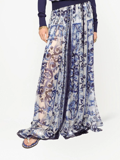 Dolce & Gabbana Majolica-print Silk Floor-length Skirt In Blue