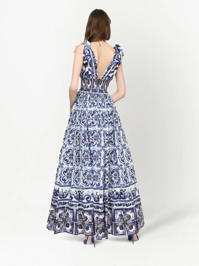 Dolce & Gabbana Open-back Shirred Printed Cotton-poplin Maxi Dress In Blue
