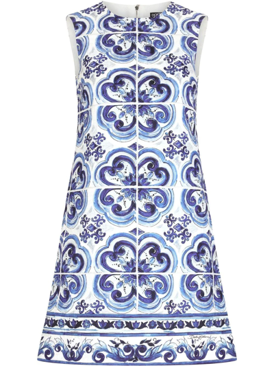 Dolce & Gabbana Majolica-print Round Neck Mini Dress In Blue