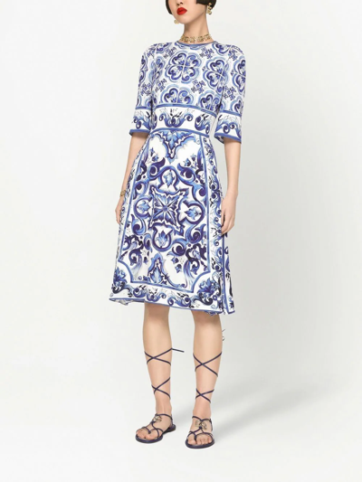 Dolce & Gabbana Pleated Printed Cotton-poplin Midi Dress In Blue