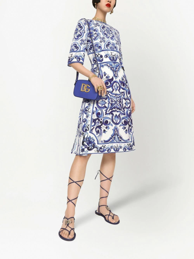 Dolce & Gabbana Pleated Printed Cotton-poplin Midi Dress In Blue