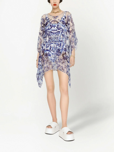 Dolce & Gabbana Majolica-print Sheer Kaftan Coverup In Blue