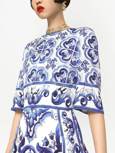 Dolce & Gabbana Pleated Printed Cotton-poplin Midi Dress In Blue