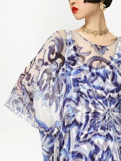 Dolce & Gabbana Majolica-print Sheer Kaftan Coverup In Blue