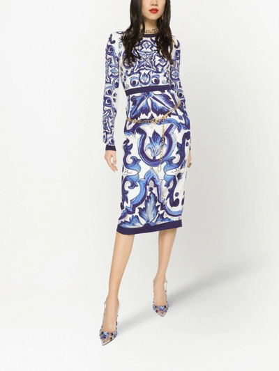 Shop Dolce & Gabbana Majolica-print Pencil Midi Dress In Blue