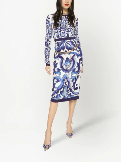 Dolce & Gabbana Blu Mediterraneo Painterly Long-sleeve Midi-dress In Blue