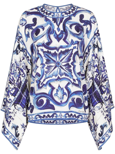 Dolce & Gabbana Majolica-print Round Neck Charmeuse Blouse In Blue