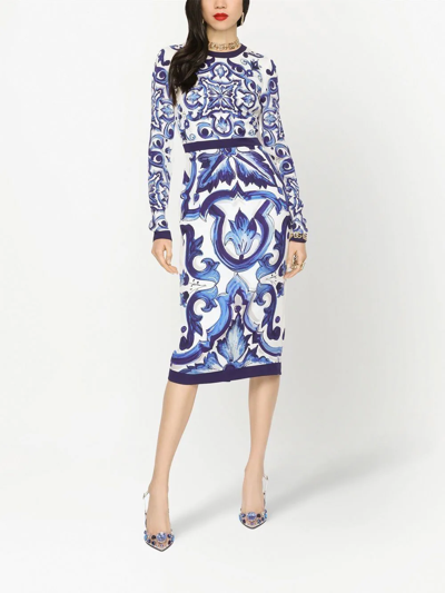 Shop Dolce & Gabbana Majolica-print Pencil Midi Dress In Blue