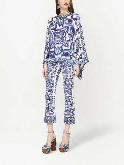 Dolce & Gabbana Majolica-print Round Neck Charmeuse Blouse In Blue