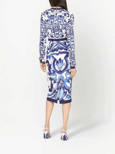 Shop Dolce & Gabbana Majolica-print Pencil Midi Dress In Blue