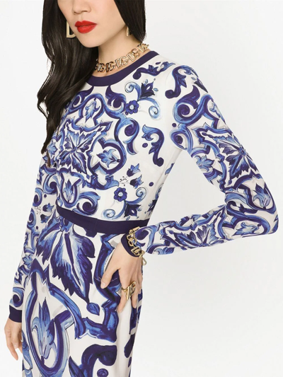 Shop Dolce & Gabbana Majolica-print Pencil Midi Dress In Blue