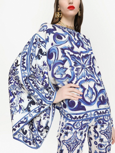 Dolce & Gabbana Majolica-print Round Neck Charmeuse Blouse In Blue