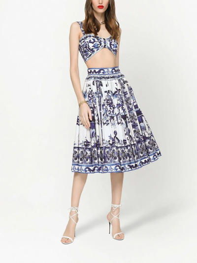 Dolce & Gabbana Majolica-print Cropped Cotton-poplin Top In Blue