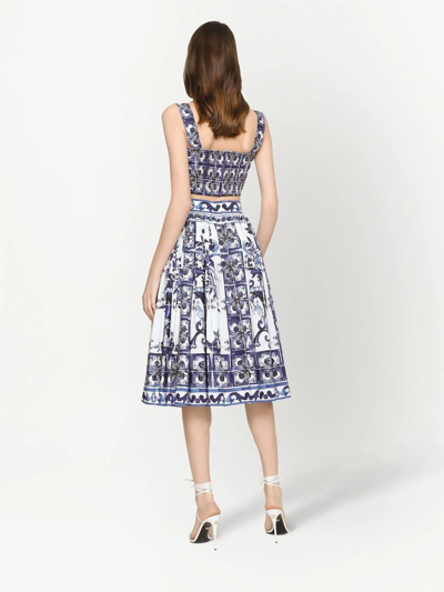 Dolce & Gabbana Majolica-print Cropped Cotton-poplin Top In Blue