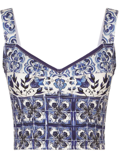 Dolce & Gabbana Cropped Floral-print Silk-blend Bustier Top In White