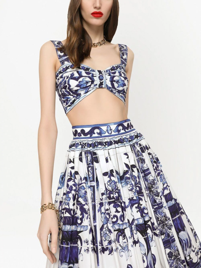 Dolce & Gabbana Majolica-print Cropped Cotton-poplin Top In Blue