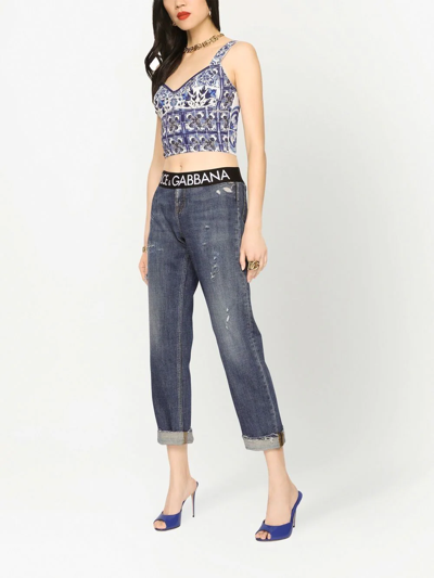 Dolce & Gabbana Cropped Floral-print Silk-blend Bustier Top In White