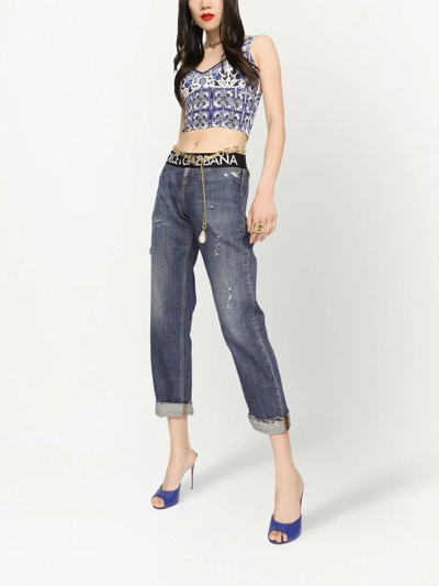 Dolce & Gabbana Cropped Floral-print Silk-blend Bustier Top In White