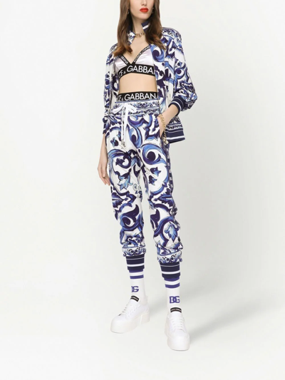 Dolce & Gabbana Blu Mediterraneo Cady Painterly Elasticized Joggers In Blue