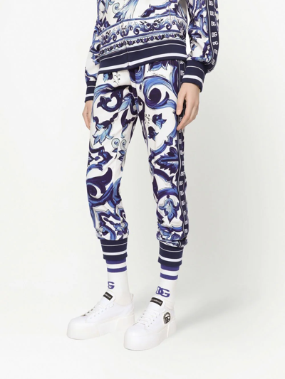 Dolce & Gabbana Blu Mediterraneo Cady Painterly Elasticized Joggers In Blue