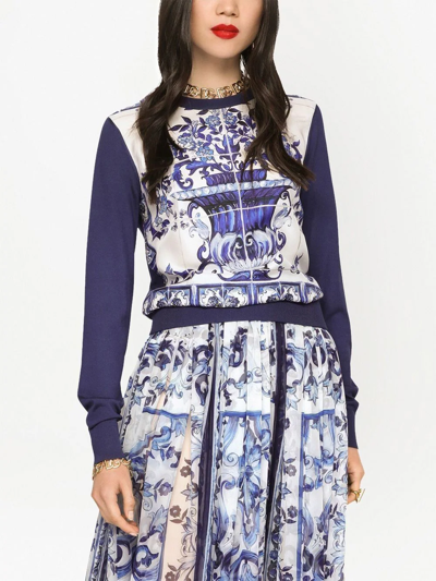 Dolce & Gabbana Printed Silk Crewneck Sweater In Blue