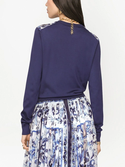 Dolce & Gabbana Printed Silk Crewneck Sweater In Blue