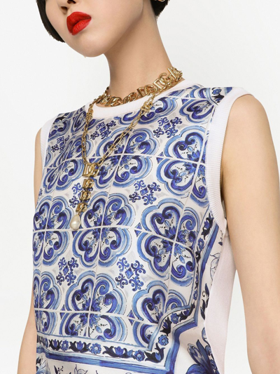 Dolce & Gabbana Majolica-print Sleeveless Knitted Top In Blue