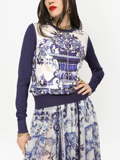 Dolce & Gabbana Printed Silk Crewneck Sweater In Blue