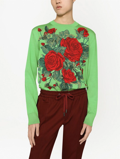Shop Dolce & Gabbana Floral-jacquard Silk Jumper In Green