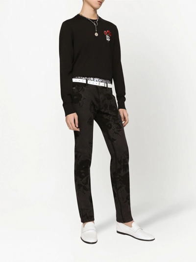 Shop Dolce & Gabbana Rose-print Skinny Jeans In Black