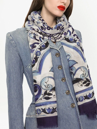 Dolce & Gabbana Majolica Printed Finished Edge Twill Scaf In Blue