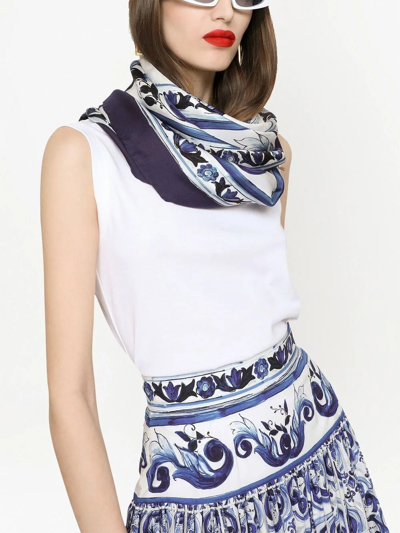Dolce & Gabbana Majolica Printed Finished Edge Twill Scaf In Blue