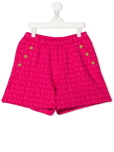 Shop Balmain Teen Logo Print Shorts In Pink