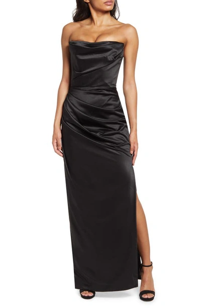 Shop House Of Cb Adrienne Satin Strapless Gown In Black Plus Cup